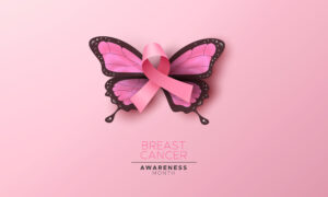 Breast Cancer awareness month illustration, 3d pink silk ribbon for women support and beautiful butterfly wings. Feminine design concept of woman health campaign.