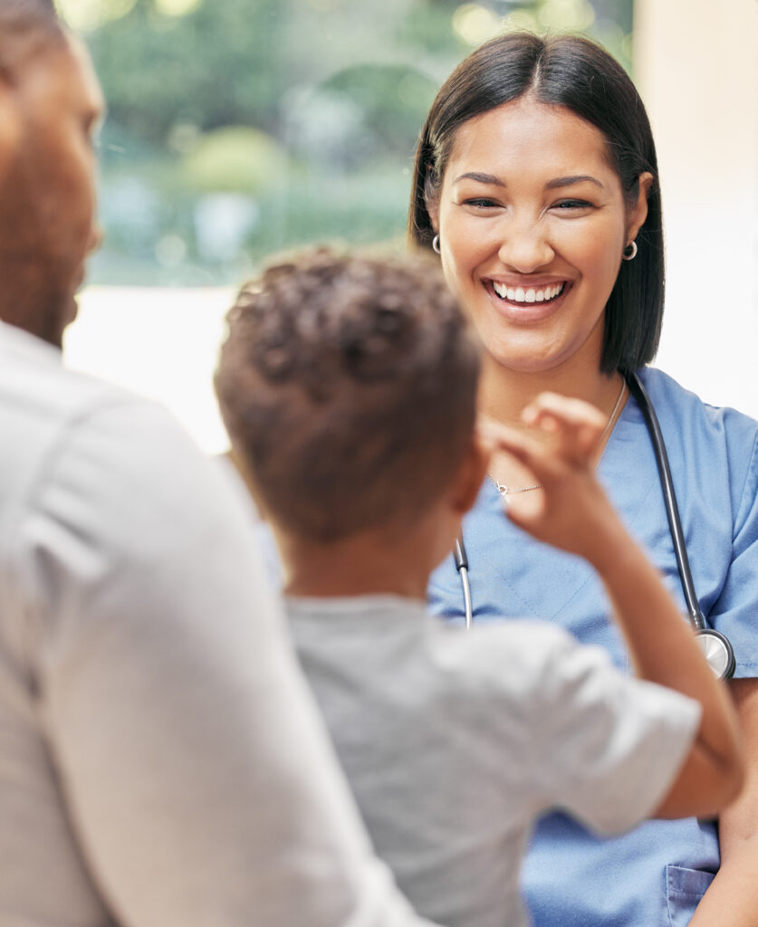 Father, child and nurse for health care in a hospital while happy and talking at consultation. African woman pediatrician, man and kid patient for medical help, family insurance or development check.